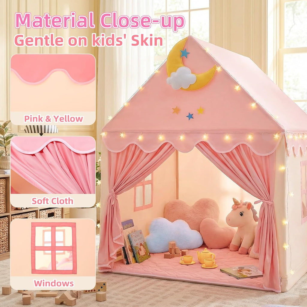 Kids Tent for Grils Indoor: with Mat, Star Lights - Pink Play Tents for Kids Indoor Playhouse - Princess Tent
