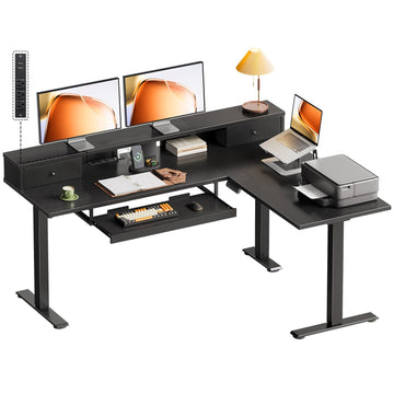 59 Inch L Shaped Electric Standing Desk with Drawers, Black