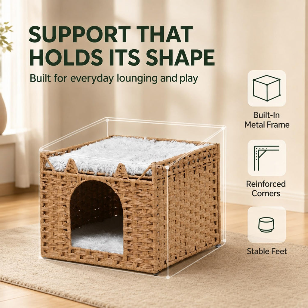Handwoven PE Rattan Cat Bed with Ears, 2-Level Indoor Cat Cave House with 2 Removable Cushions, Foldable Hideaway