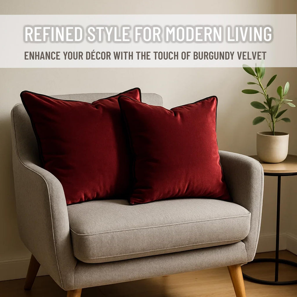 2 Pack Polyester Decorative Throw Pillow Covers, 18"x18", Burgundy, Solid, Modern, Contrast Piping, Indoor Use