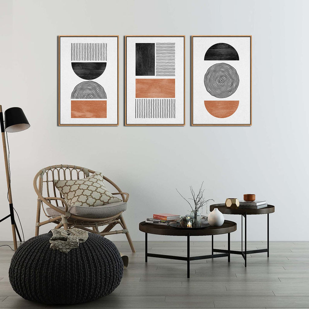 Black Brown Boho Framed Wall Art Geometric Canvas Pictures, 16"x24"x3