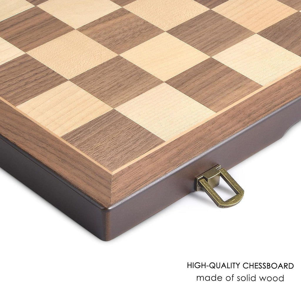 Magnetic Wooden Chess and Checkers Game Set, 15 Inches (2 in 1) Chess Board Games, 2 Extra Queens - Gift Package