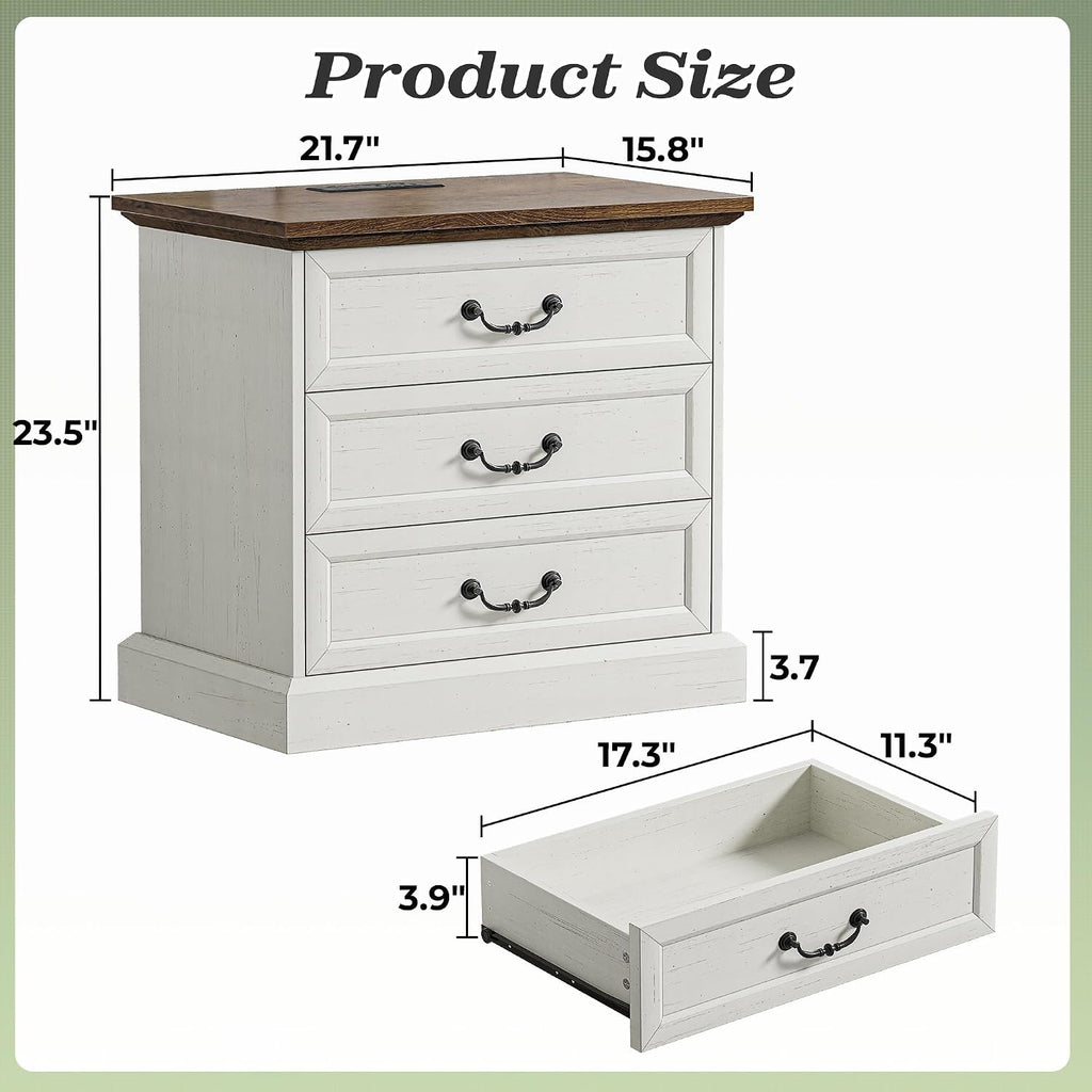 Nightstand with Charging Station, 3 Drawer Night Stand Set of 2, 22 Inch Wider Side Table with Storage, Farmhouse