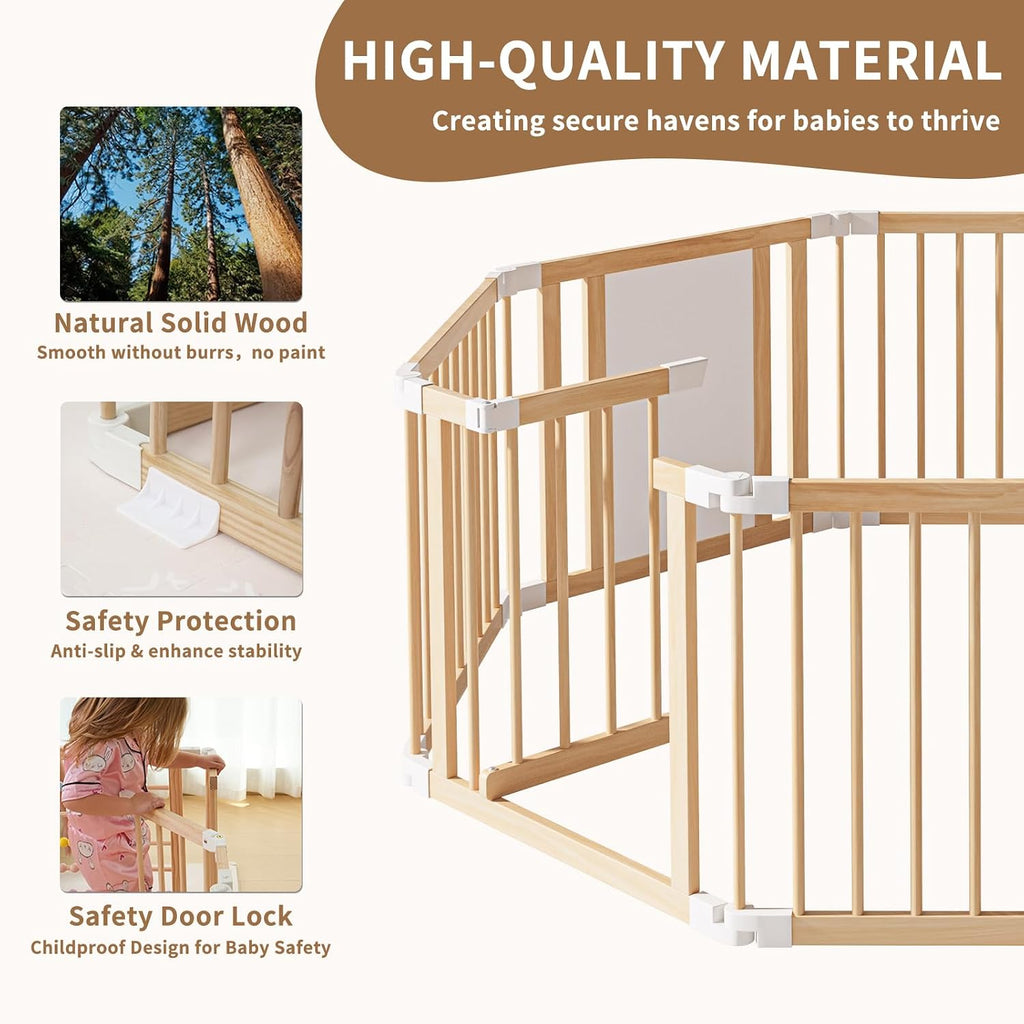 Wooden Baby Playpen, Adjustable Multi-Shape Play Yard for Baby and Toddler | 6/8/10 Panel Baby Fence Play Area