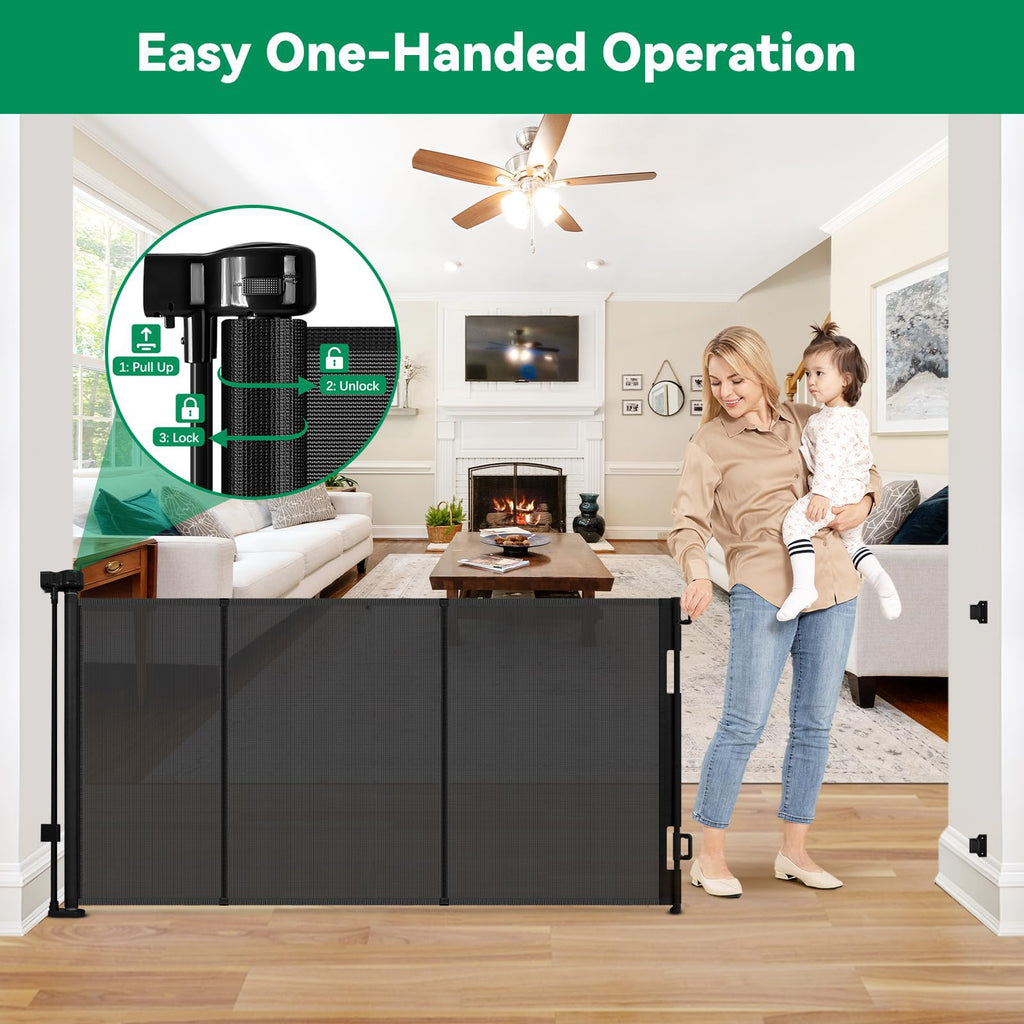 Reinforced 85" Wide Retractable Baby Gates Extra Wide Dog Gate, Black