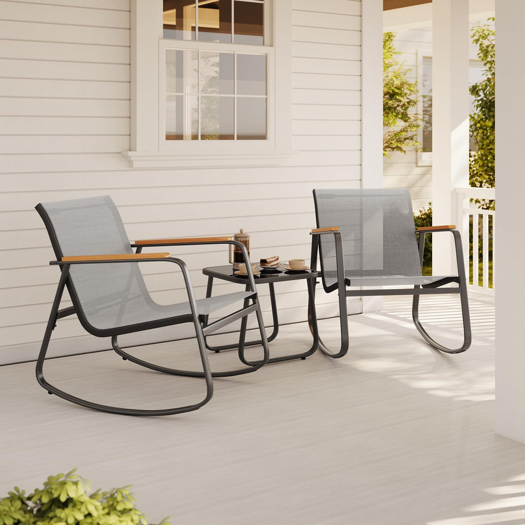3 Piece Patio Bistro Set, Textilene Rocking Chairs for Porch, Gray
