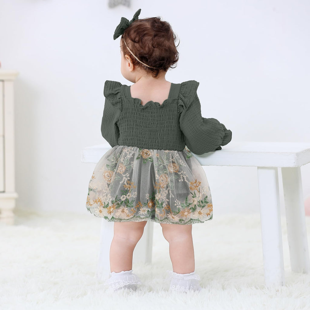 Baby Girl 1st Birthday Clothes One Year Old Tulle Romper Long Sleeve Bodysuit Cake Smash Outfits(dark