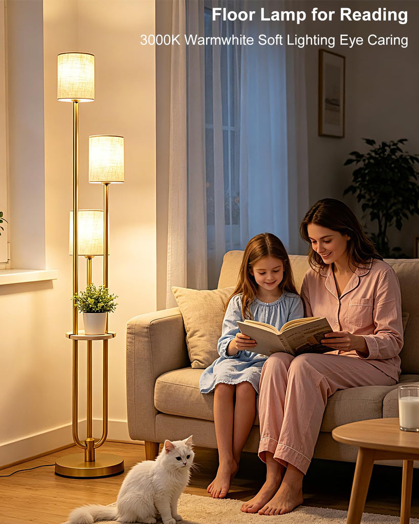 Dimmable Floor Lamp 3-Light Modern Floor Lamps with Table 3000K Warmwhite Gold Standing Lamp with 5Lbs Heavy Base