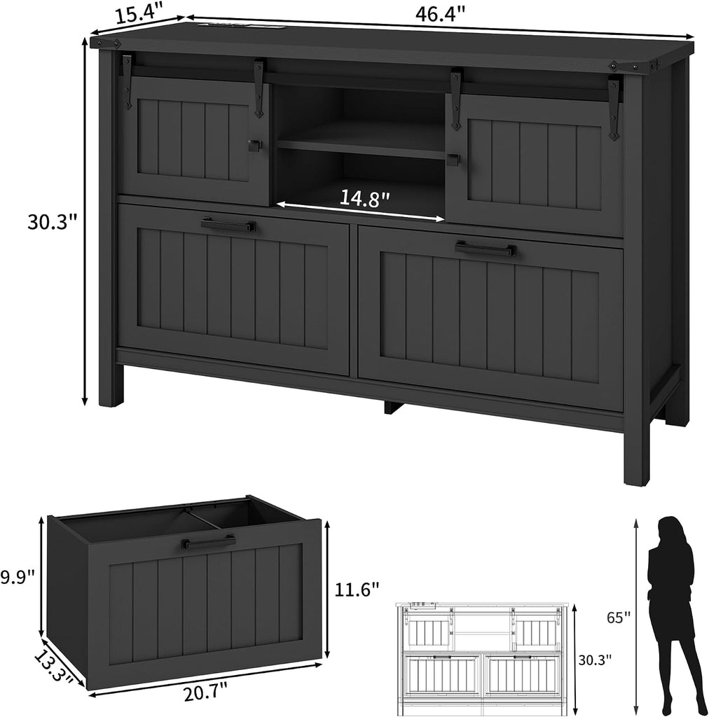 Lateral File Cabinet with Charging Station, Filing Cabinets | Farmhouse 2 Drawer Office Credenza with Outlets for