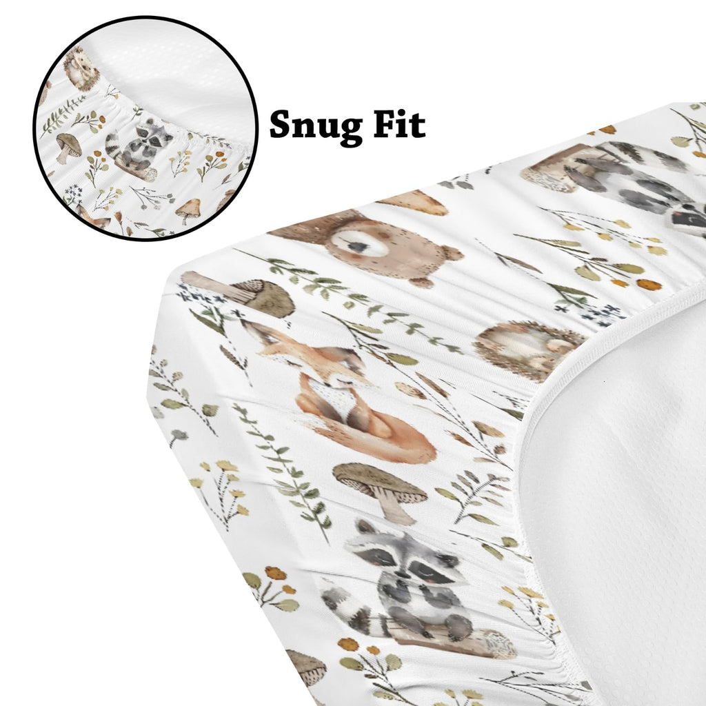 Cute Forest Animals Leaves Mushroom Pattern Baby Sheets for Crib, Unisex Bear Deer Raccoon Hedgehog Nursery Fitted