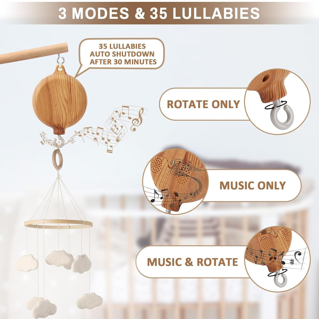 Floor-Standing Crib Mobile Arm with Music Box - 65 Inch Mobile Arm for Crib - 100% Beech Wood - Crib Mobile Motor