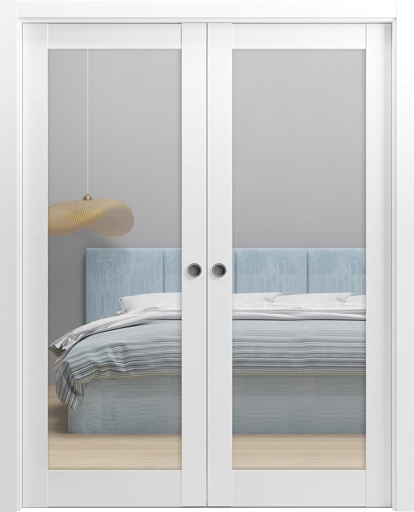 Sliding French Double Pocket Doors 64 x 80 inches Clear Glass | Lucia 2166 White Silk | Kit Trims Ra