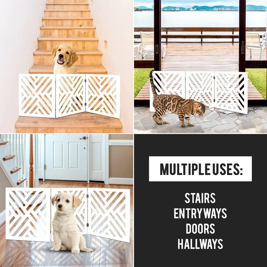Freestanding Dog Gate Expandable Decorative Wooden Fence for Small to Medium Pet Dogs, Barrier for Stairs, Doorways