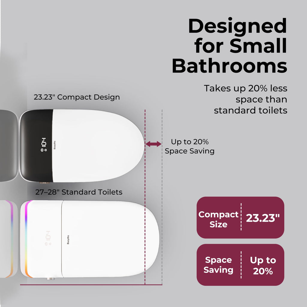Smart Compact Toilet for Small Bathroom, 23" Depth Shallow Toilet with Foam Shield Auto Open/Close Lid, 12" Rough In, Built-in Tank, Heated Seat Foot Sensor Flush One-Piece (ZY695A Mini) ZY695A Mini – 23.23" Overall Depth