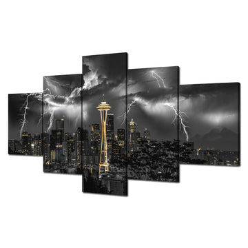 Seattle Wall Seattle Space Needle Picture Frame Lightning Strikes Storm City Wall Decor Black and White Gold Canvas