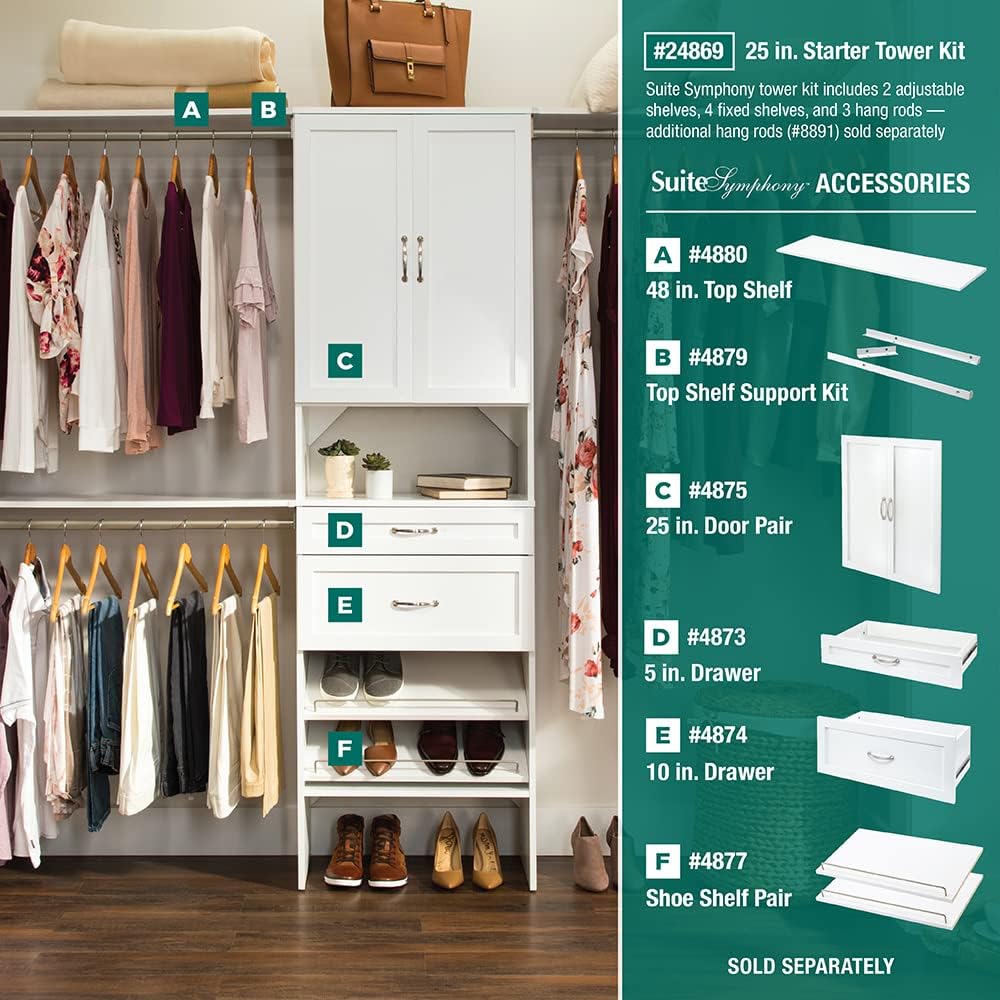 SuiteSymphony Wood Closet Organizer System, 25-Inch Starter Kit with Tower and 3 Hang Rods and Shelving, Adjustable