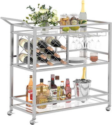 Bar Cart Silver, Bar Carts for The Home, Home Bar Serving Carts for Liquor, Rolling Wine Cart with 3 Tier Mirrored