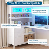 Twin Loft Bed with L-Shaped Gaming Desk, Storage Drawers, Glass Cabinet & Hutch