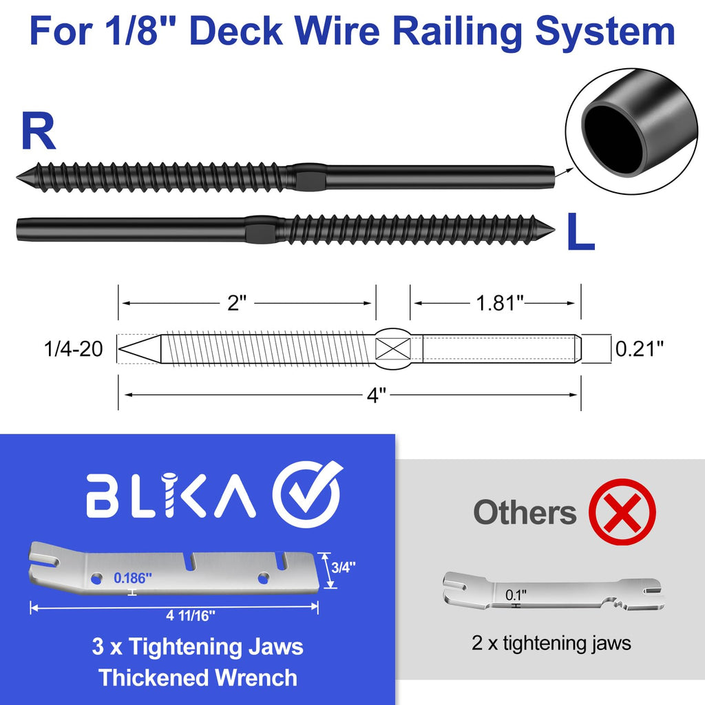 100 Pack 1/8" Black Cable Railing Kit Left &Right Swage Lag Screws