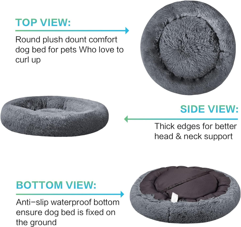 Calming Donut Dog Bed - 3X Durable Plush Faux Fur, Machine Washable & Non-Slip, Fits up to 210 lbs