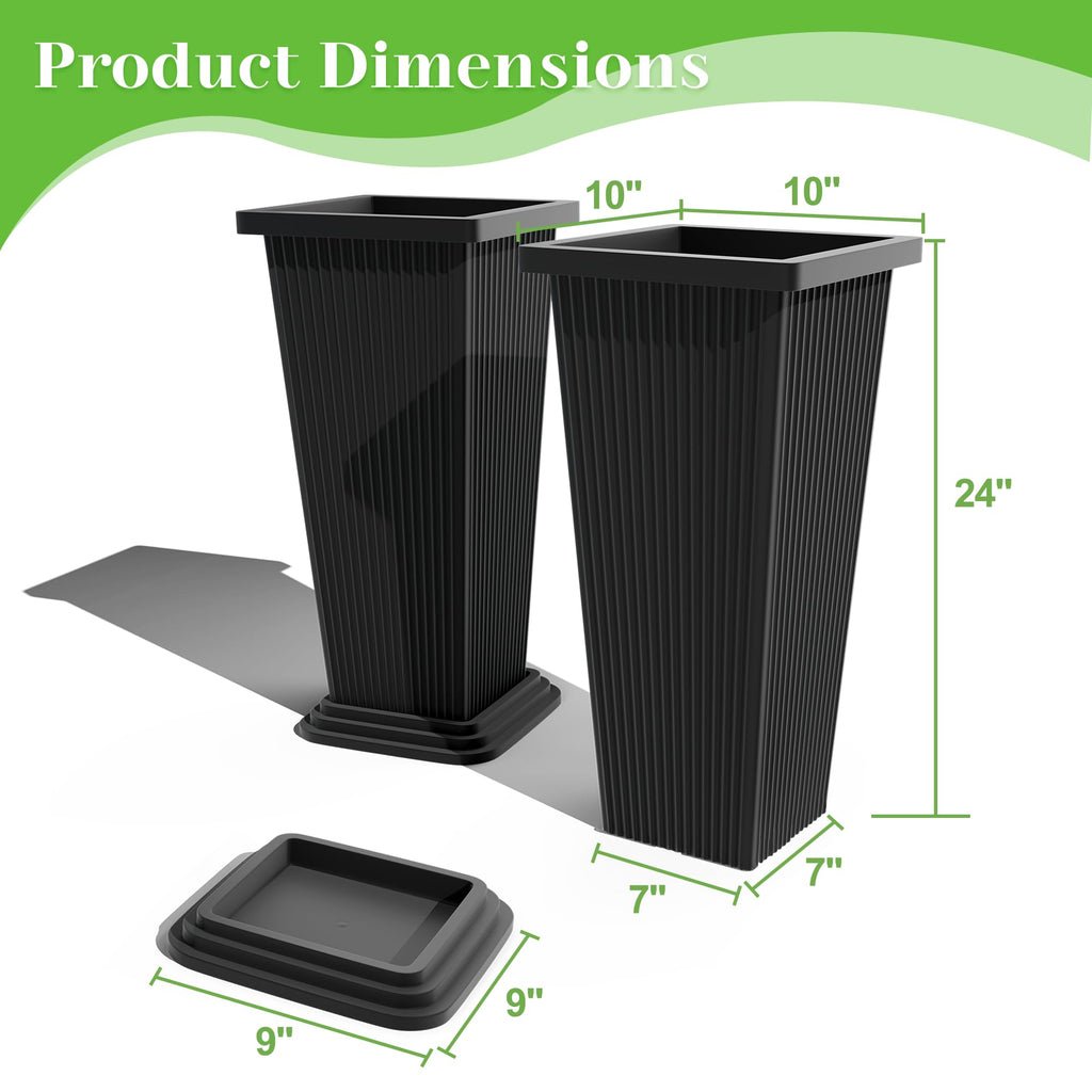 Set of 2 Tall Planters for Outdoor Plants, Black Ribbed