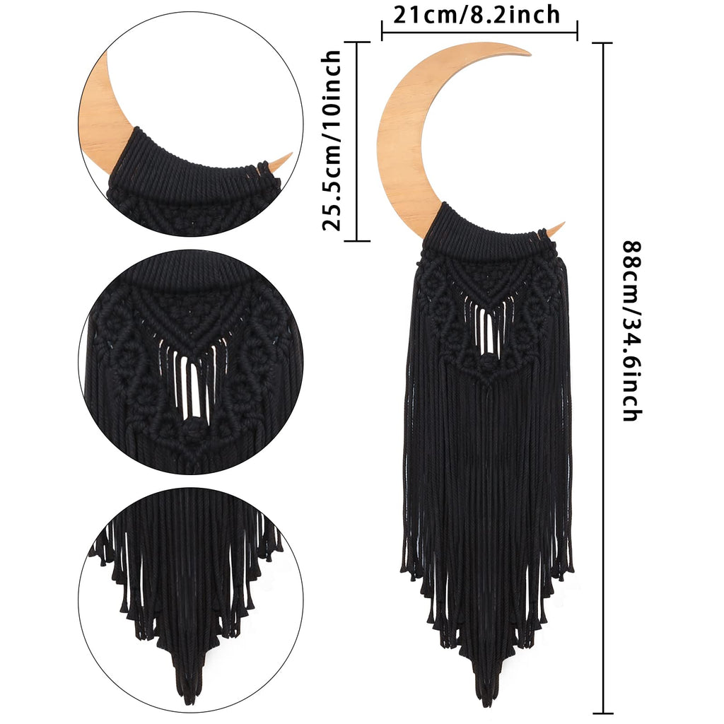 Macrame Wall Hanging Boho Moon Decor, Crescent Wooden Ornament with Tassel