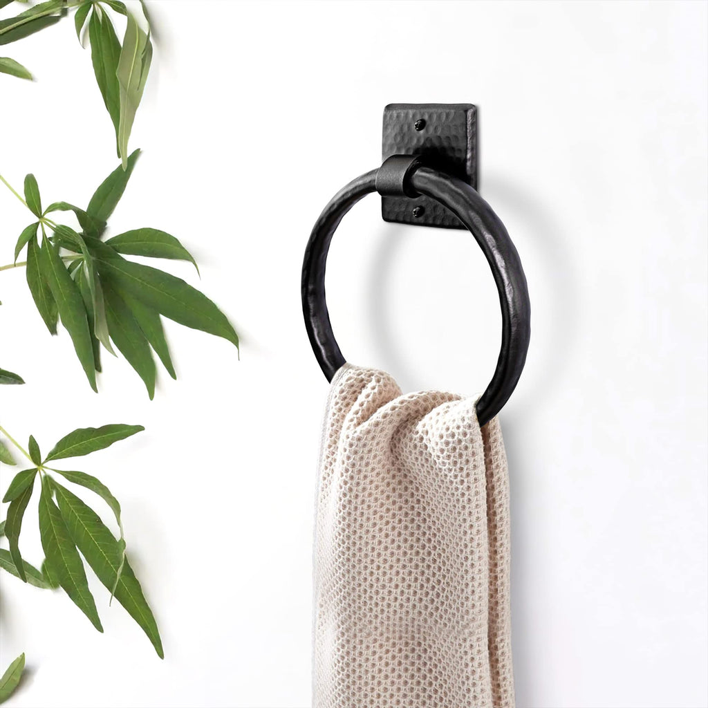 Bathroom Towel Holder - 7-Inch Round Matte Black Bathroom Hand Towel Holder s Wall, Metal Hand Hammered Towels Ring
