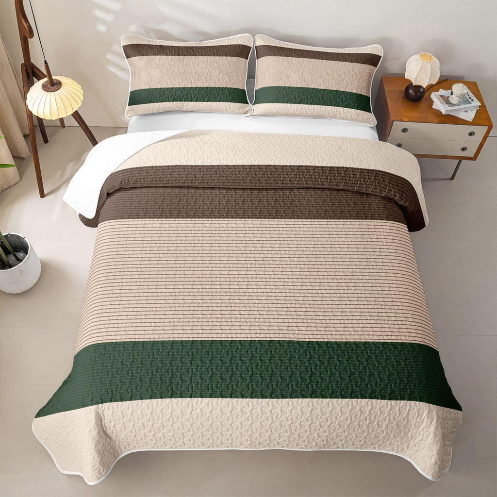 Brown Green Striped Quilt Set Farmhouse Stripe Bedspread Coverlet, Modern Patchwork Soft Lightweight Quilted
