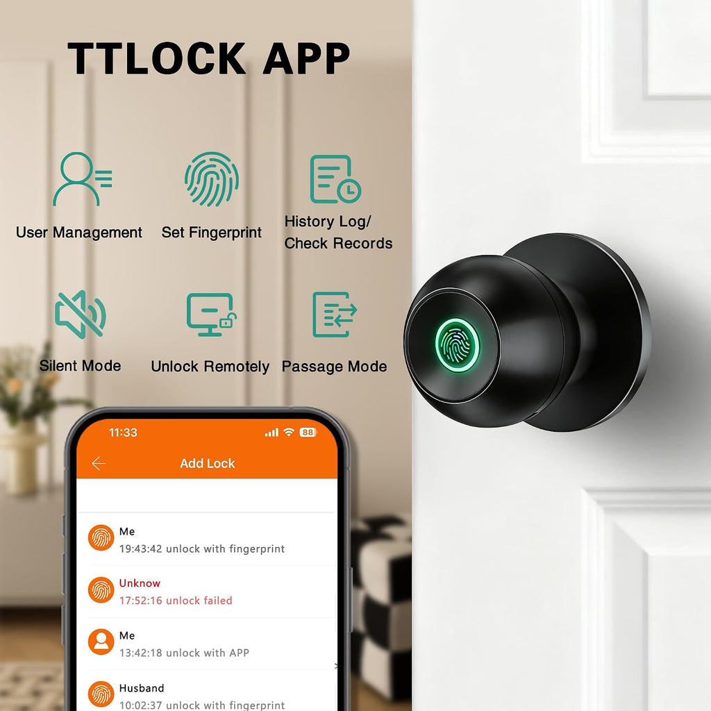 Smart Door Knob, Fingerprint Door Knob, Biometric Smart Door Lock with App Control, Metal Alloy Door Knobs, Easy