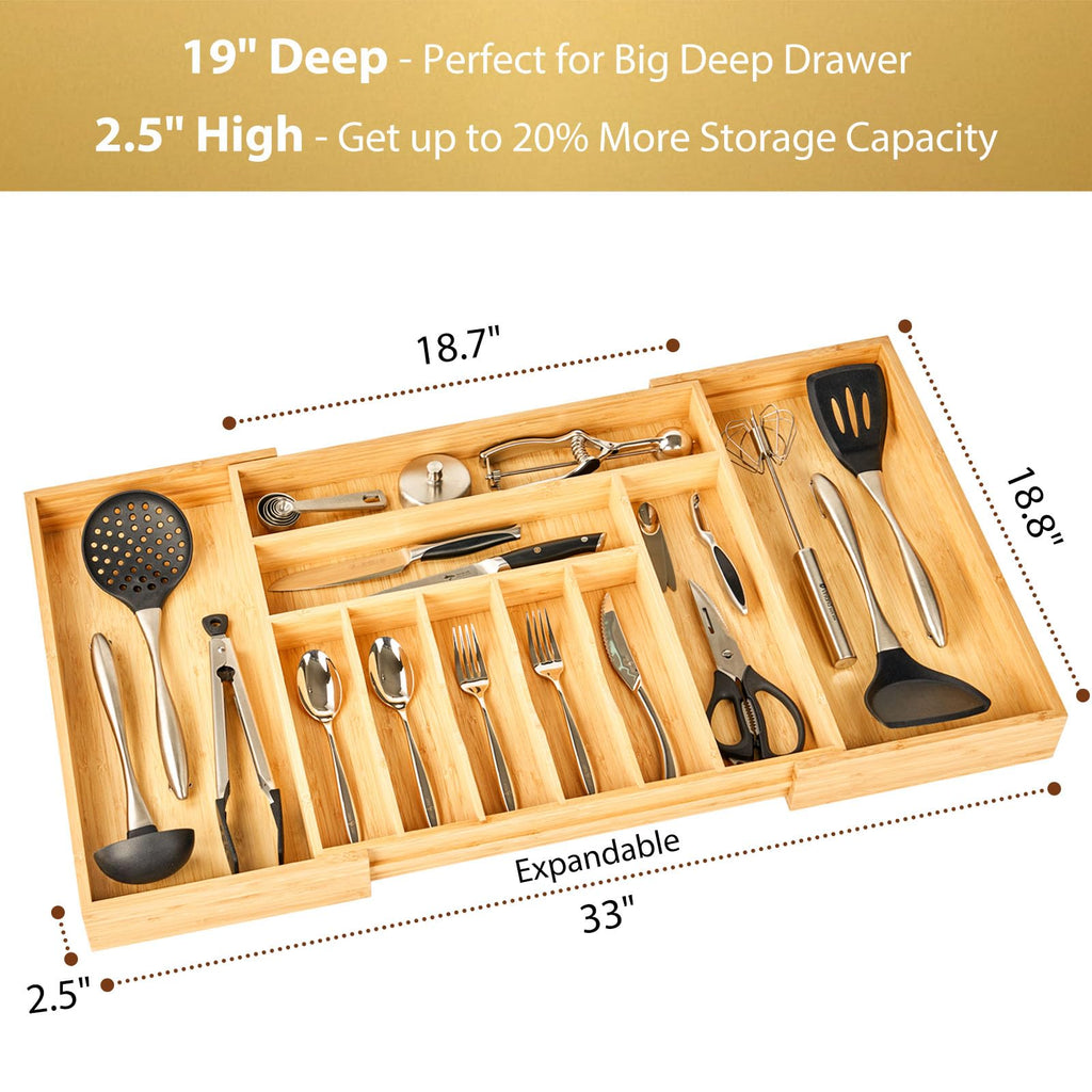 Extra Large Expandable Kitchen Siverware Utensils Drawer Organizer, 19" Deep for Big Drawer, Adjustable Bamboo Wood