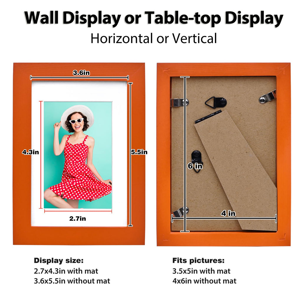 4x6 Frame Orange, Solid Wood 4 x 6 Picture Frame with Acrylic Plexiglass for 3.5x5 with Mat, Tabletop and Wall