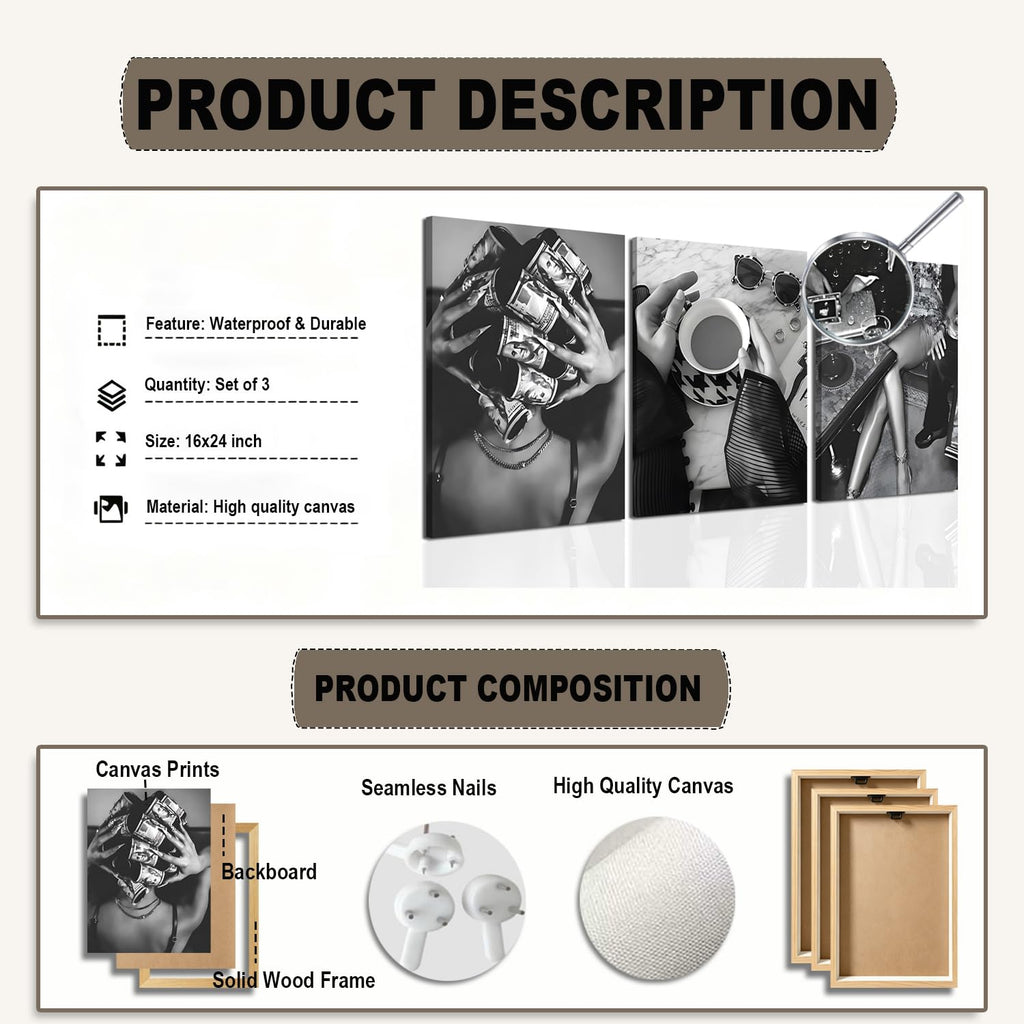Trendy Black and White Wall Art Luxury Money Hair Rollers Girl Posters Prints Retro Bold Feminine Fashion Artwork