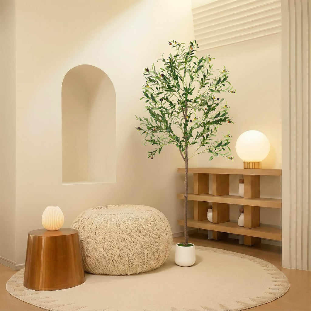 Olive Tree, 6FT Tall Faux Olive Tree with Lights Moss and Planter, Olive Trees Artificial Indoor with Realistic Wood