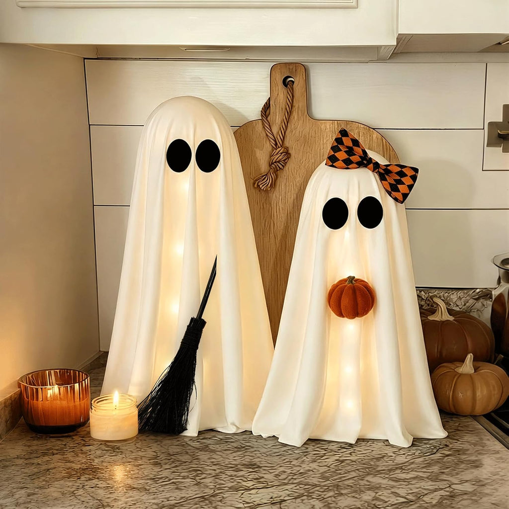 Halloween Decorations Indoor, 2 Pack Lighted Ghost Decor with Broom Pumpkin - Set of 2