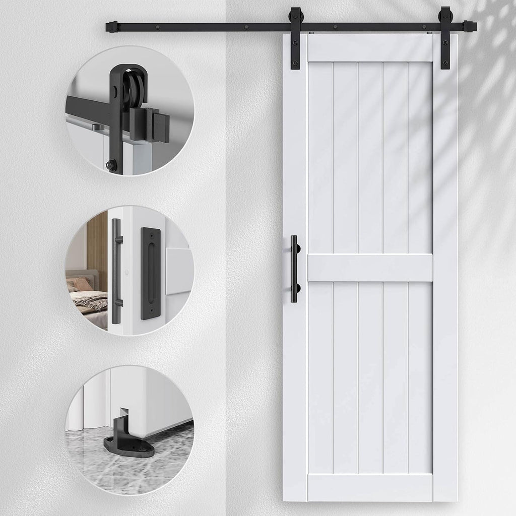 32 x 84 inch White Barn Door with 5.5FT Sliding Door Hardware Kit Included & Handle,Solid Wood Cover