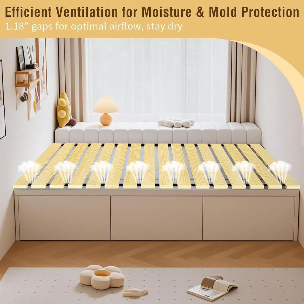 Tatami Mat Floor Bed, Knotless Solid Wood, Roll-Up Slatted Bed Plate with 2 Storage Straps, Moisture-Proof and