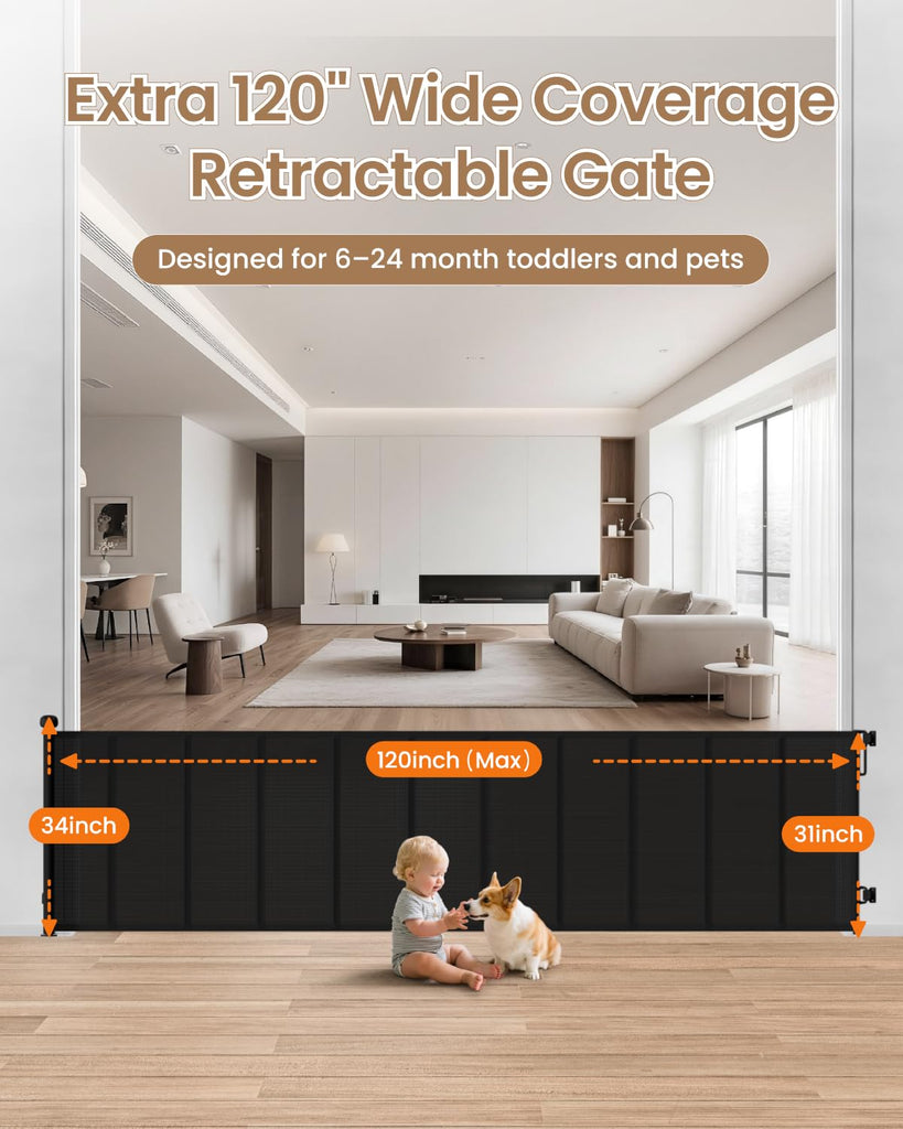 120" Extra Long Retractable Baby Gate, 34" Tall Mesh Baby Gate