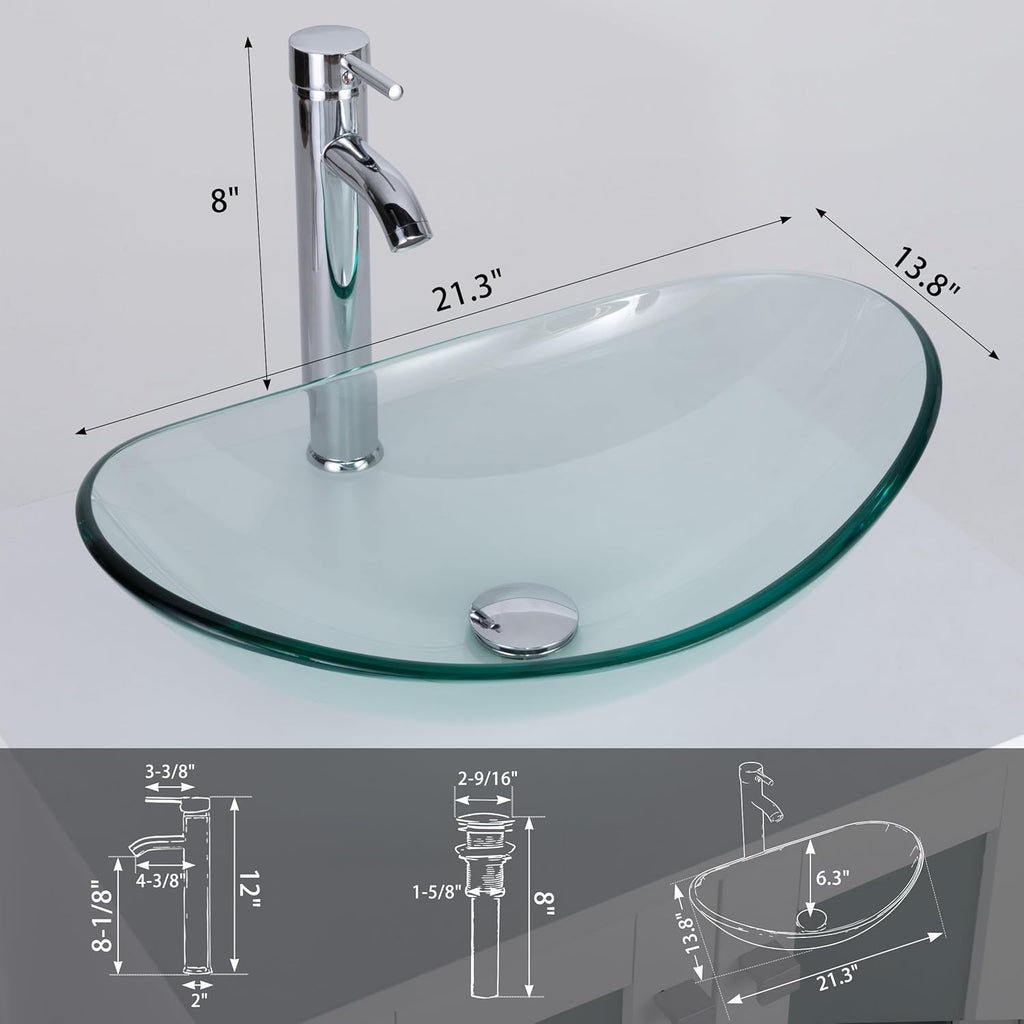 21.5" Bathroom Vessel Sink Modern Artistic Single Clear Boat Tempered Glass Basin Countertop Bowl Sink for