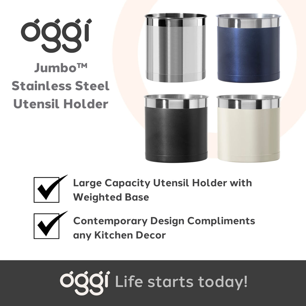 Stainless Steel Jumbo Utensil Holder - 7" Utensil Caddy, Weighted Base for Stability - Extra Large Utensil Crock