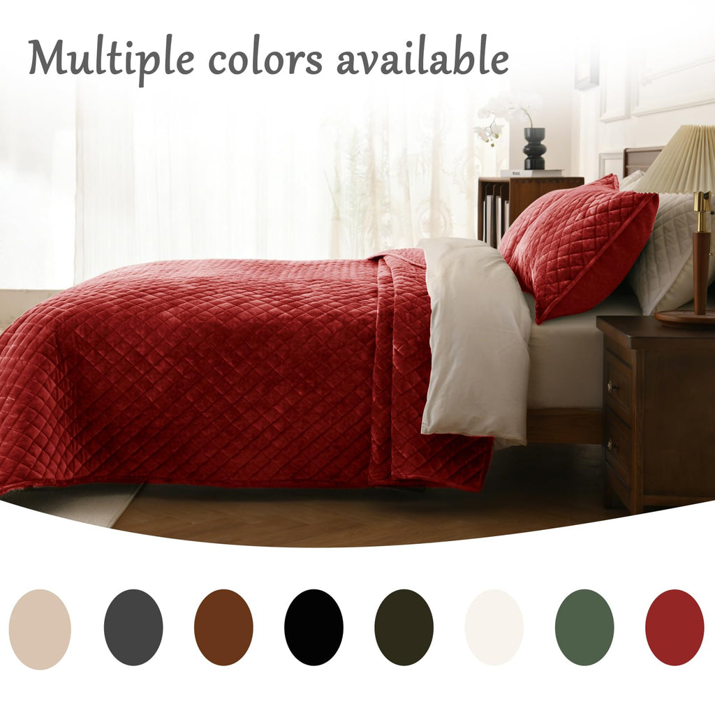 Oversized King Quilt 120x120 Velvet Red Bedspread Set