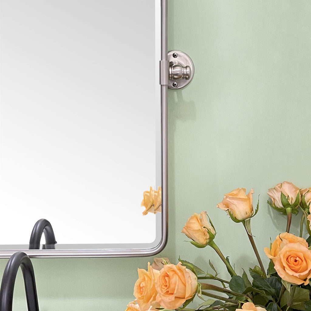 Farmhouse Nickel Metal Framed Pivot Rectangle Bathroom Mirror Rounded Rectangluar Tilting Beveled Vanity Mirrors for