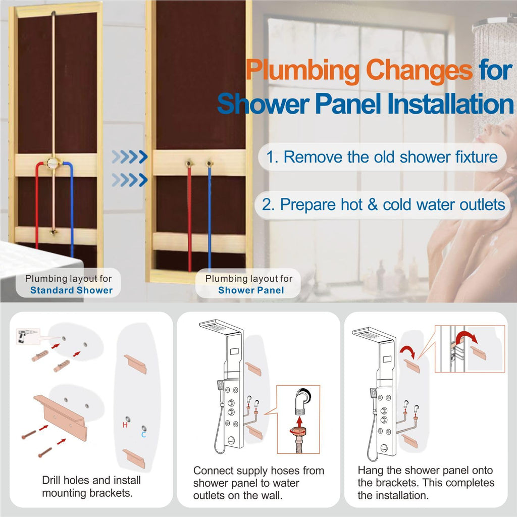 Stainless Steel Shower Panel Tower System with LED Display Matte Black