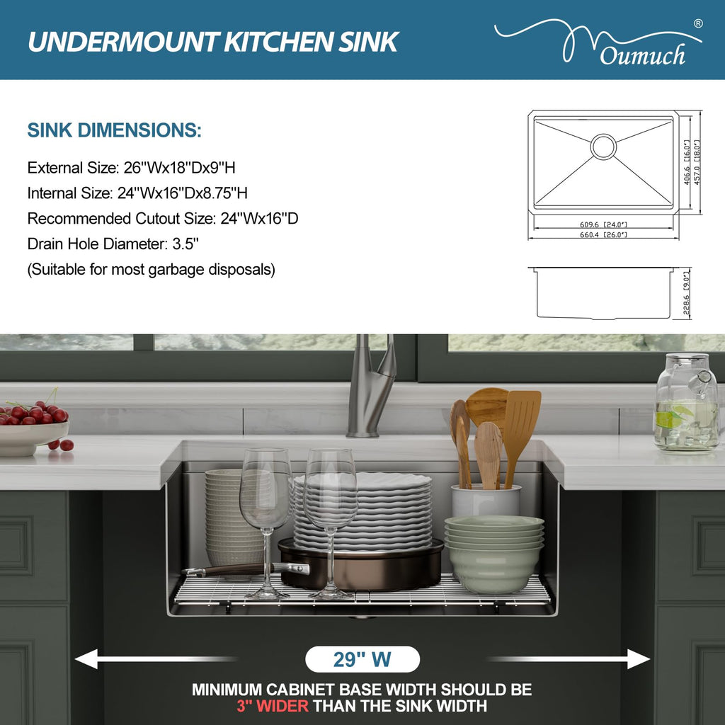 26 Undermount Kitchen Sink Black Stainless Steel Workstation