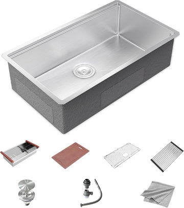 32 Inch Undermount Kitchen Sink, 16 Gauge Stainless Steel Workstation Sink | With Accessories, Single Bowl, Brushed