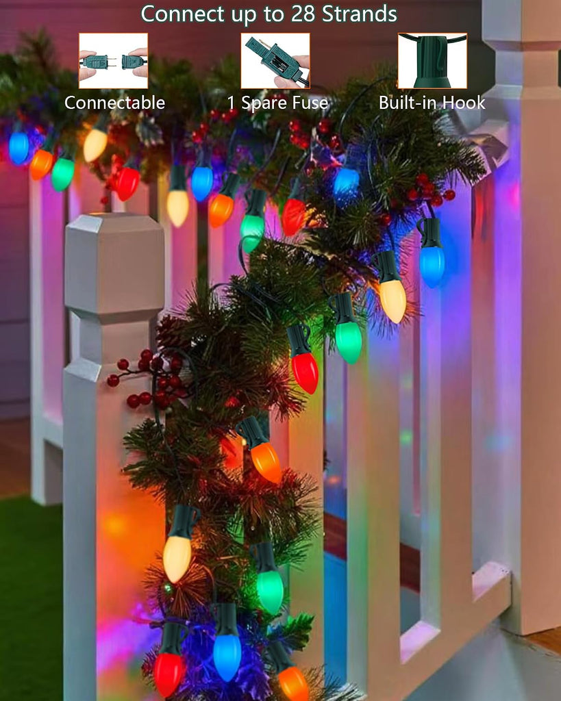 Christmas Lights Outdoor 25Ft C9 LED Vintage Christmas Lights with 27 LED Multicolor Ceramic Glass Bulbs(2 Spare)