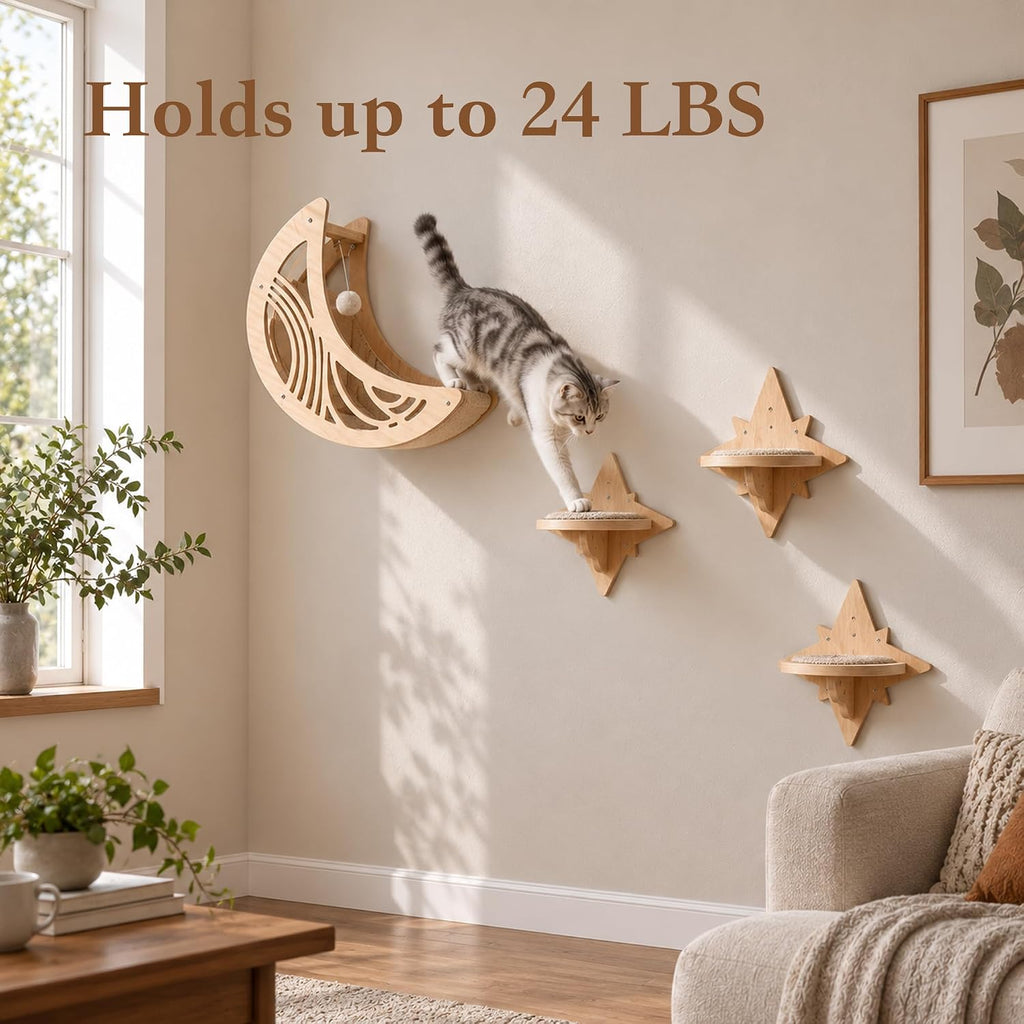 Cat Wall Shelves, Wooden Cat Wall Furniture with Moon Bed & 3 Star Steps, Cat Climbing Wall System, Floating Cat