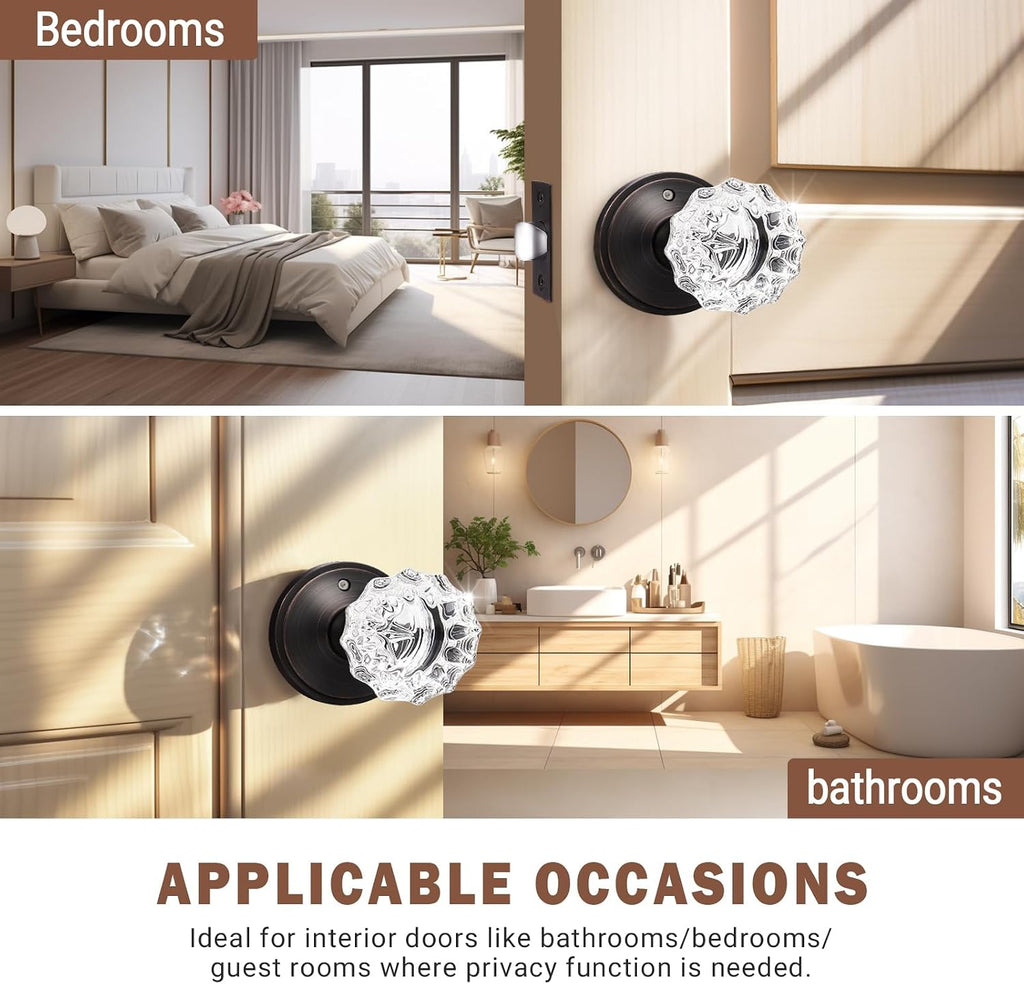 Modern Round Crystal Door Knobs with Lock, Frosted Glass Design, Privacy Function for Bed and Bath, Oil Rubbed Bronze