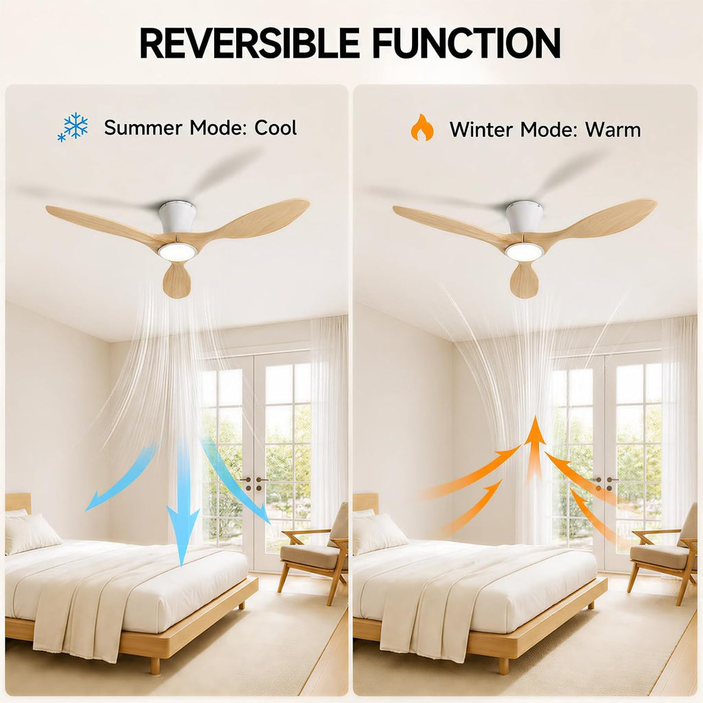 42" Flush Mount Wood Ceiling Fan with Lights, 3 Blade Low Profile Farmhouse Ceiling Fan with Remote Control