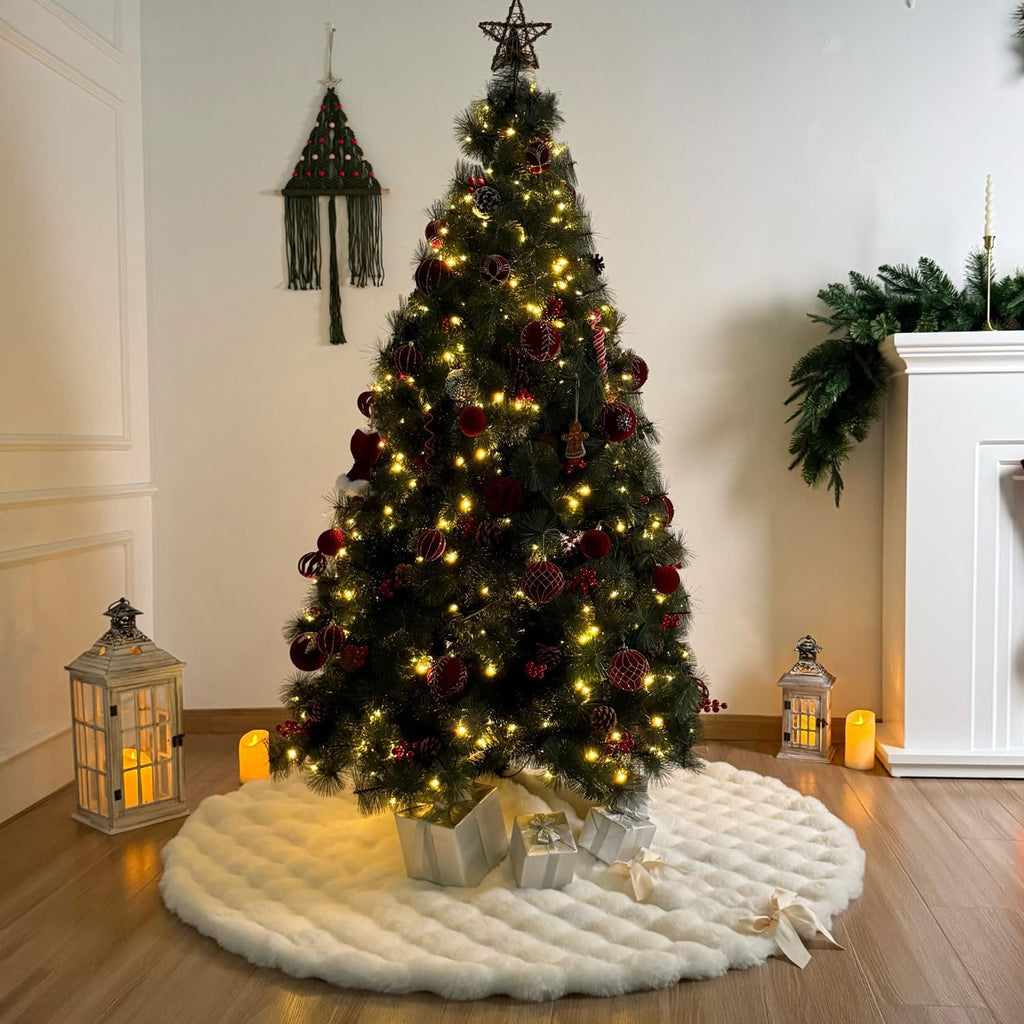60-Inch Puff Quilt Faux Fur Christmas Tree Skirt, Soft Plush Tufted Texture with Satin Ribbon Ties, Cream