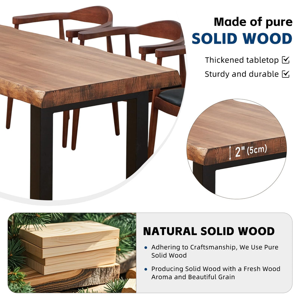 Industrial Solid Wood Dining Table, 2" Solid Wood Top, Live Edge Style Kitchen Table for 4-8 People, Farmhouse Dining